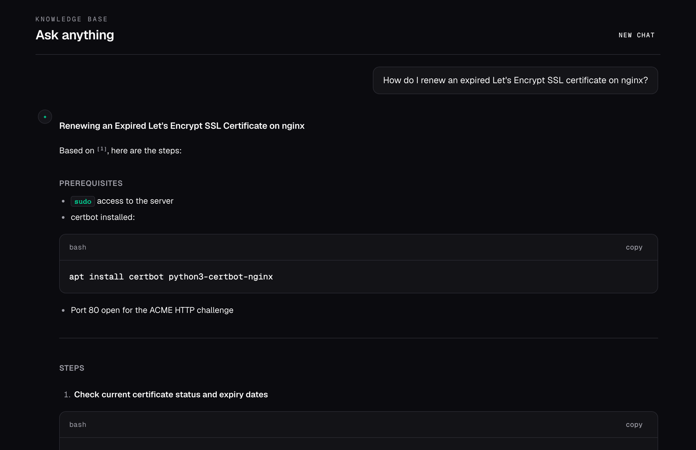 Stackbridge Ask KB answering a real question — how to renew an expired Let's Encrypt SSL certificate on nginx — with cited, structured steps and copyable commands