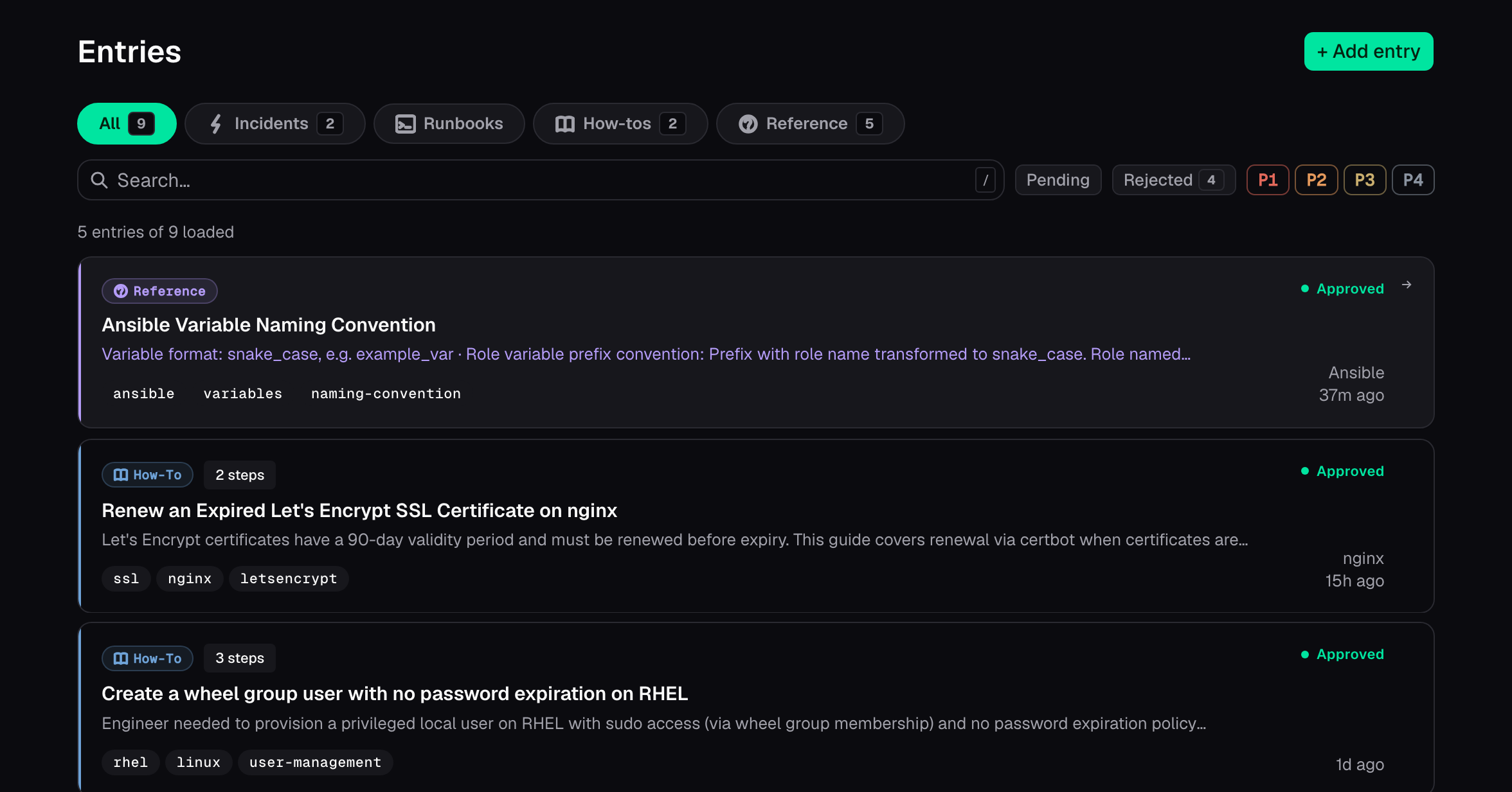 Stackbridge Entries list showing structured knowledge: how-tos, reference facts and incidents, each typed, tagged and searchable